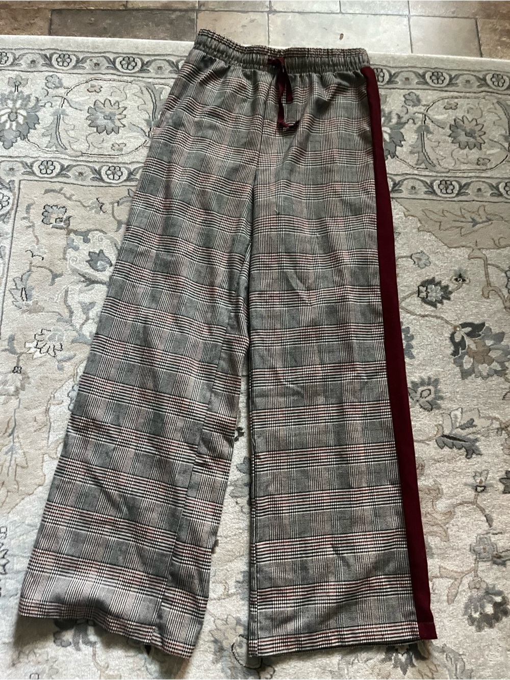 Forever 21 Plaid Wide-Leg Trousers with Burgundy Side Stripe